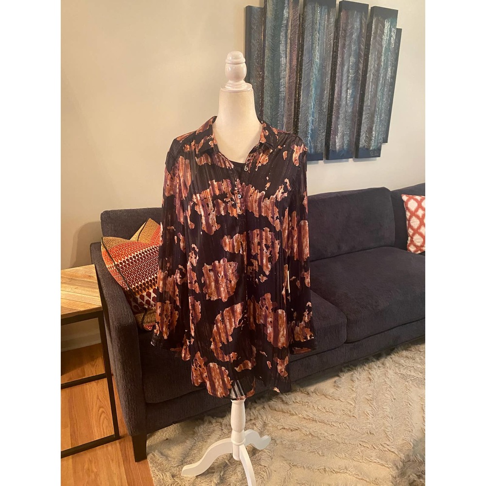 Caffe Marrakesh Black Metallic Abstract Print Crinkle Long Sleeve Tunic Top NWT